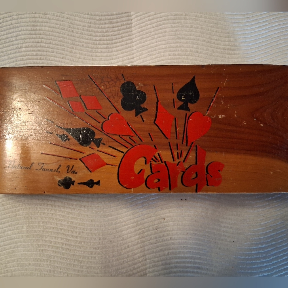 Vintage Wooden Card Game Box with Red and Black Design